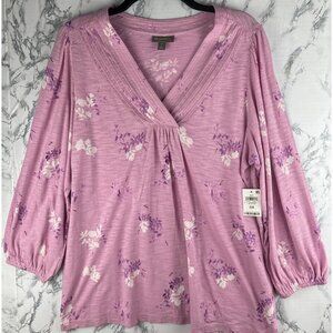 Style & Co. Womens Size OX Millie Pink Knit Top Floral V-Neck 3/4 Sleeve